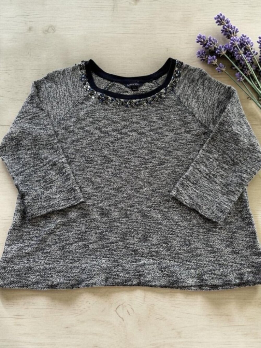 Lands‎ End L 14-16 Blue White Sweater 3/4 Sleeve Jewel Neck Pullover